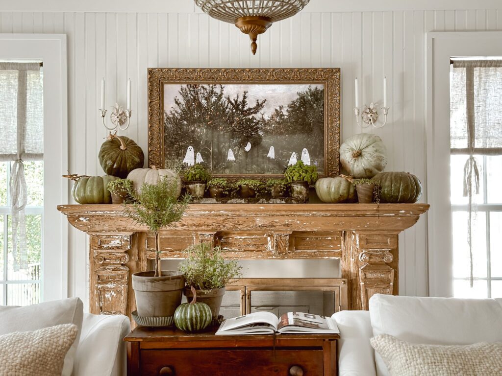 pumpkin and plant fall mantel