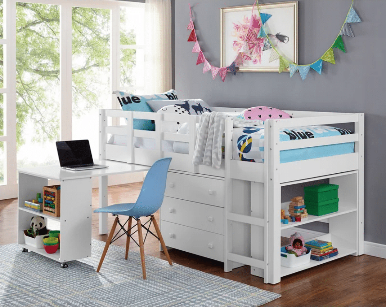 multi functional raised bed with storage and a desk