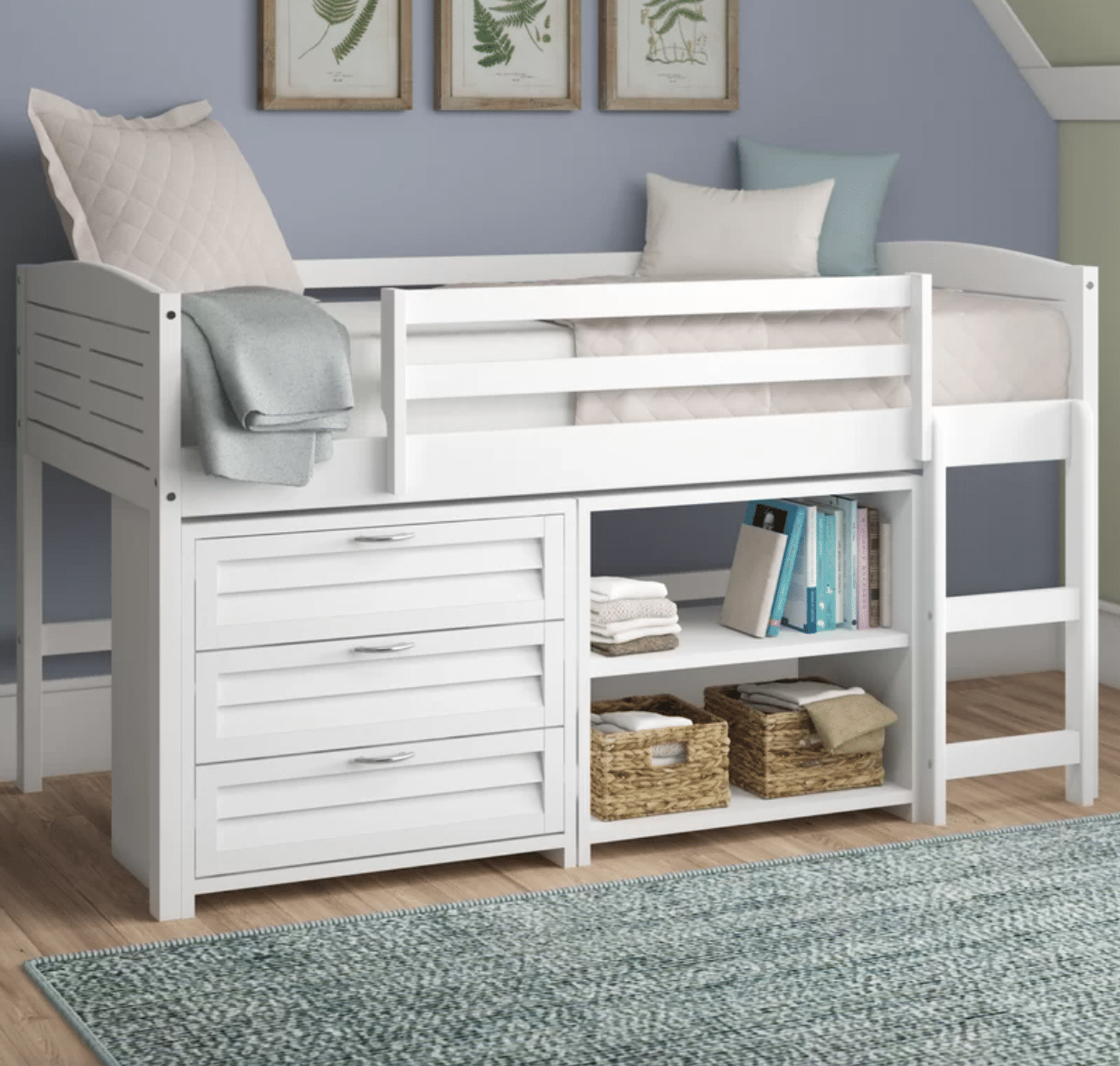Twin raised bed with shelves and drawers for storage