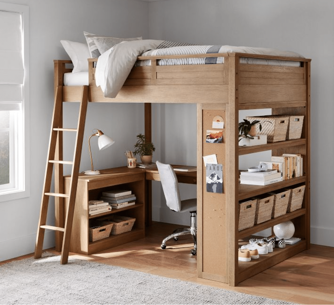 sleep and study loft bed idea for small rooms from Pottery Barn