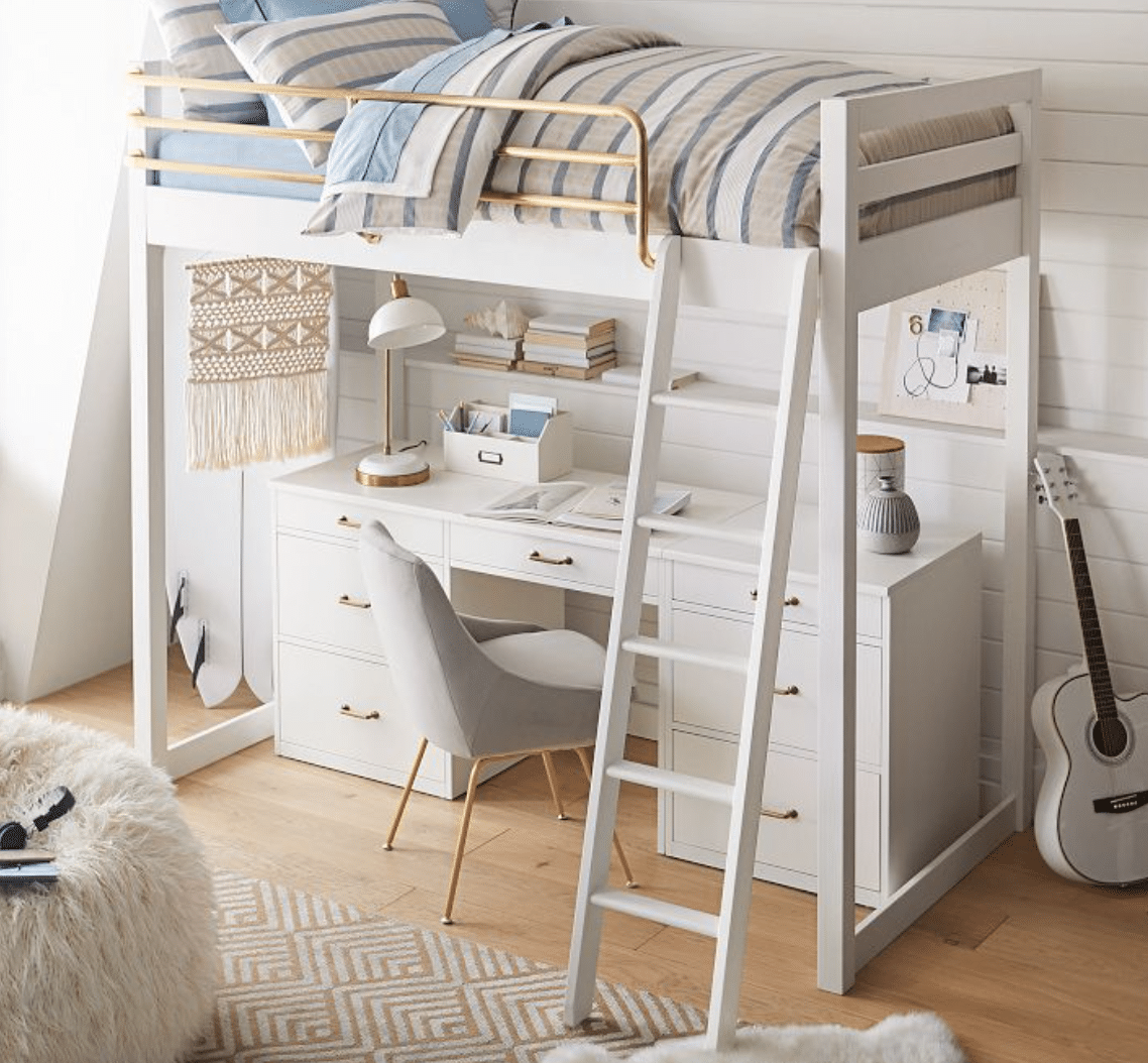 raised bed with a desk under it for a small room from Pottery Barn