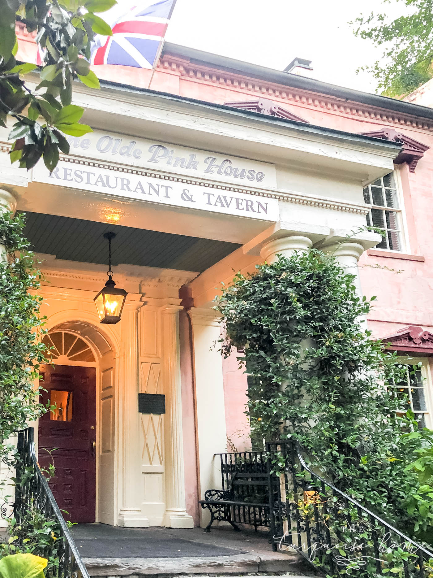 The Olde Pink House with a dark blue-green porch ceiling.