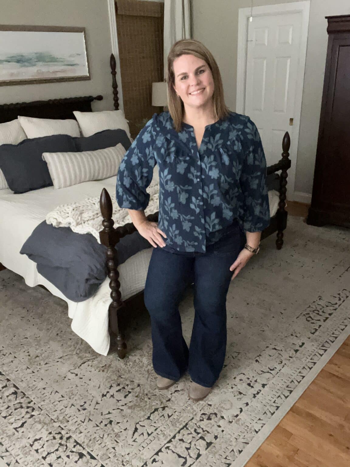 Bell-sleeve floral button-down shirt