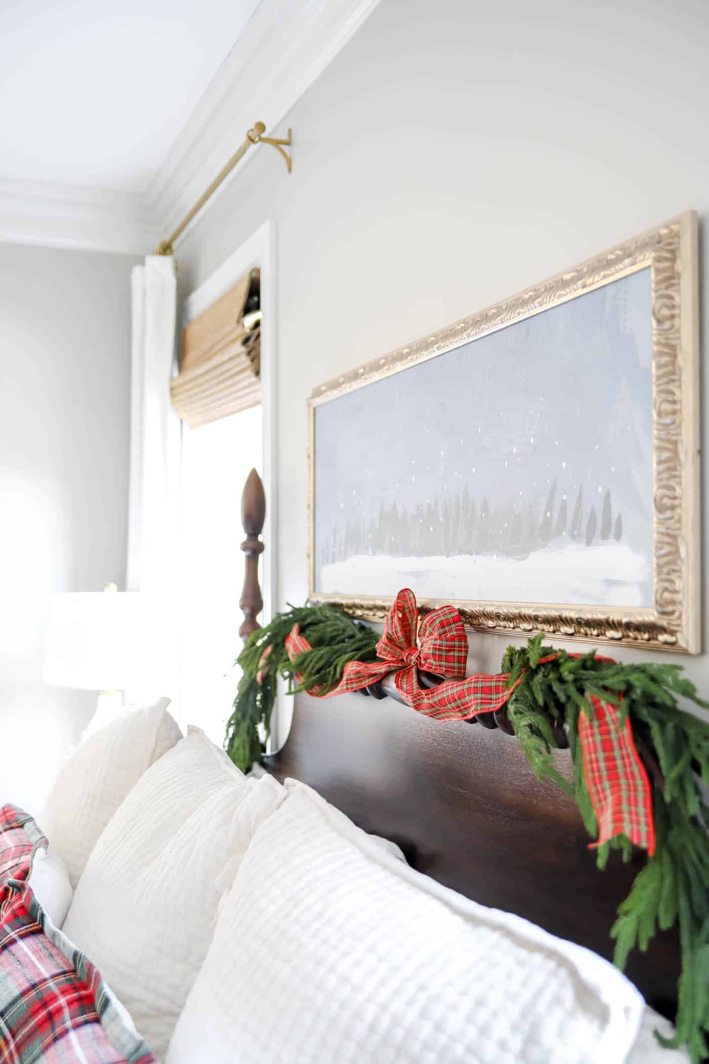 Garland and ribbon the the bed headboard for Christmas