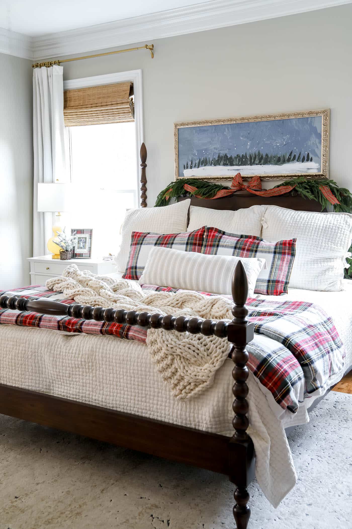 christmas bedding in the primary bedroom