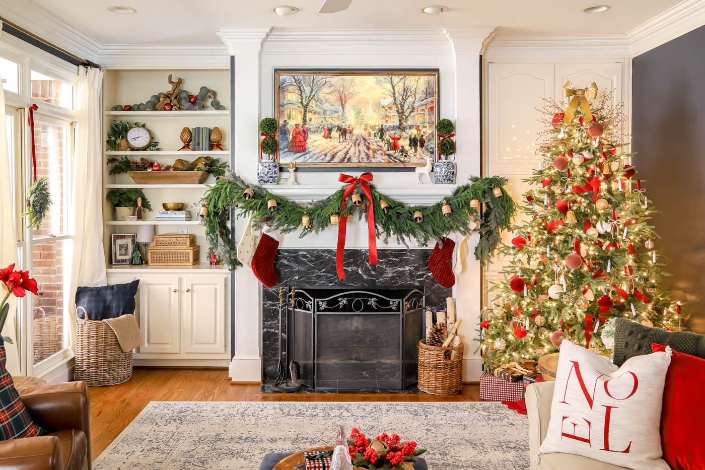 Red and white Christmas decor in living room