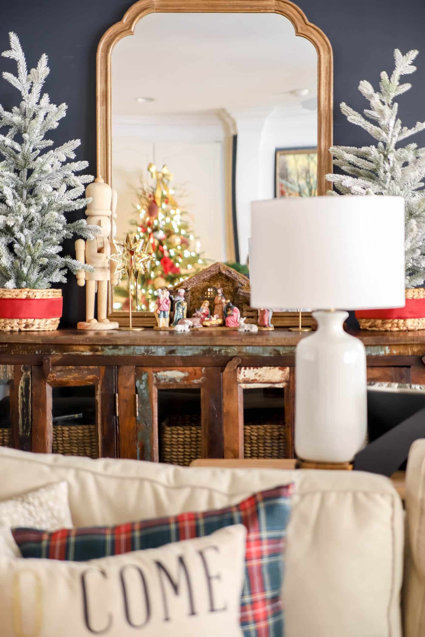 media cabinet with nativity scene