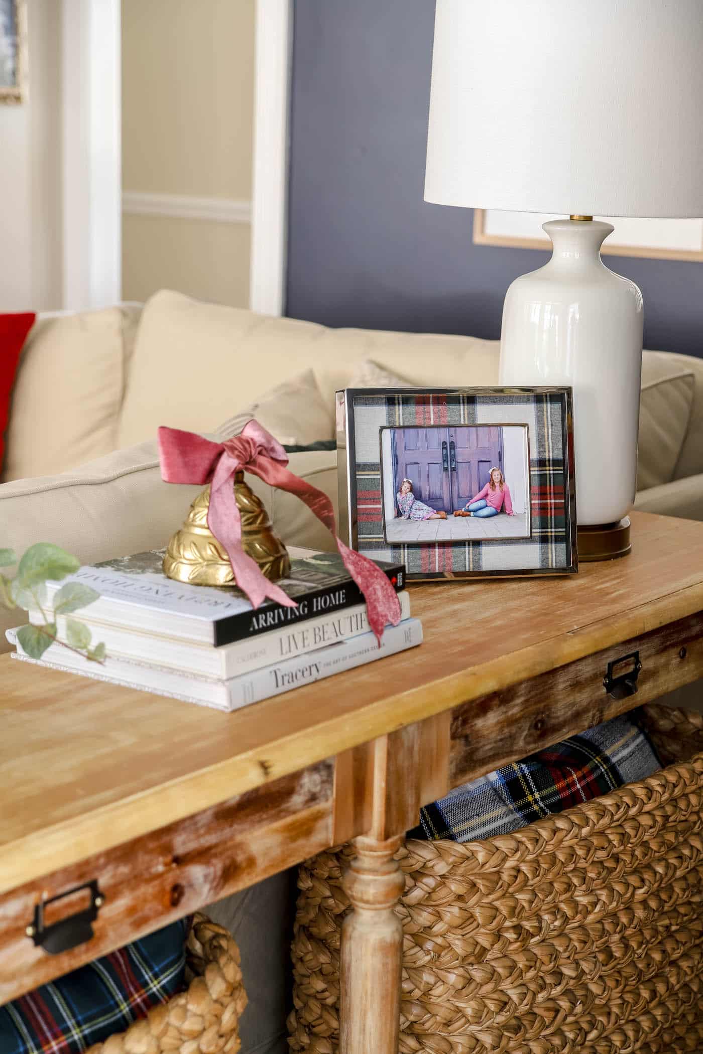 console table decorated for Christmas