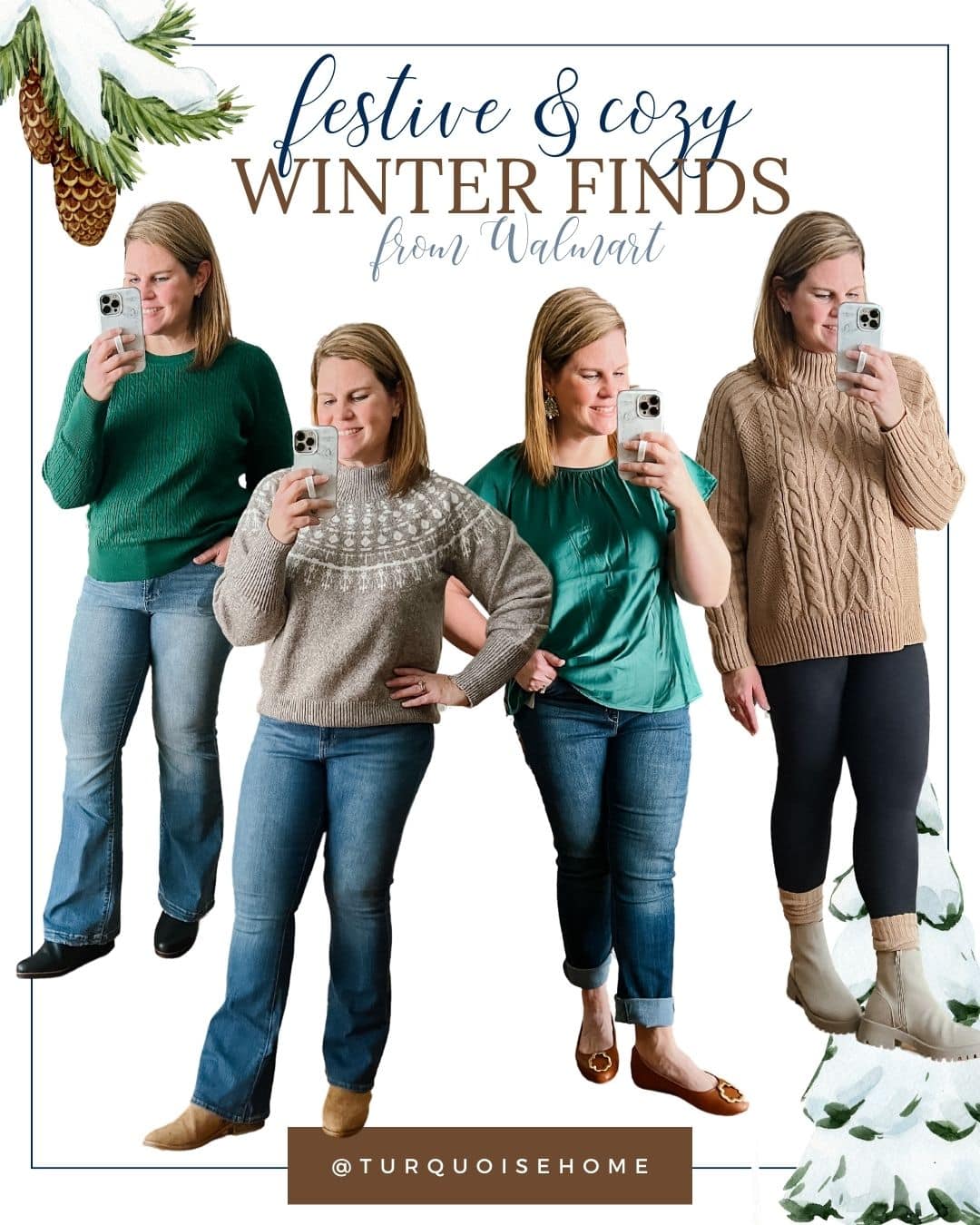festive winter sweater and jeans outfits