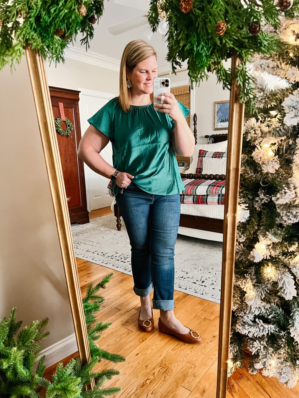 satin top with straight jeans and ballet flats