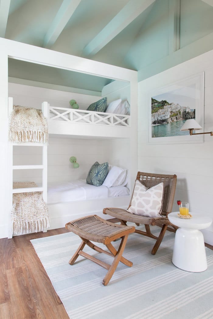 bunk room with Benjamin Moore Sage Tint paint on the ceiling