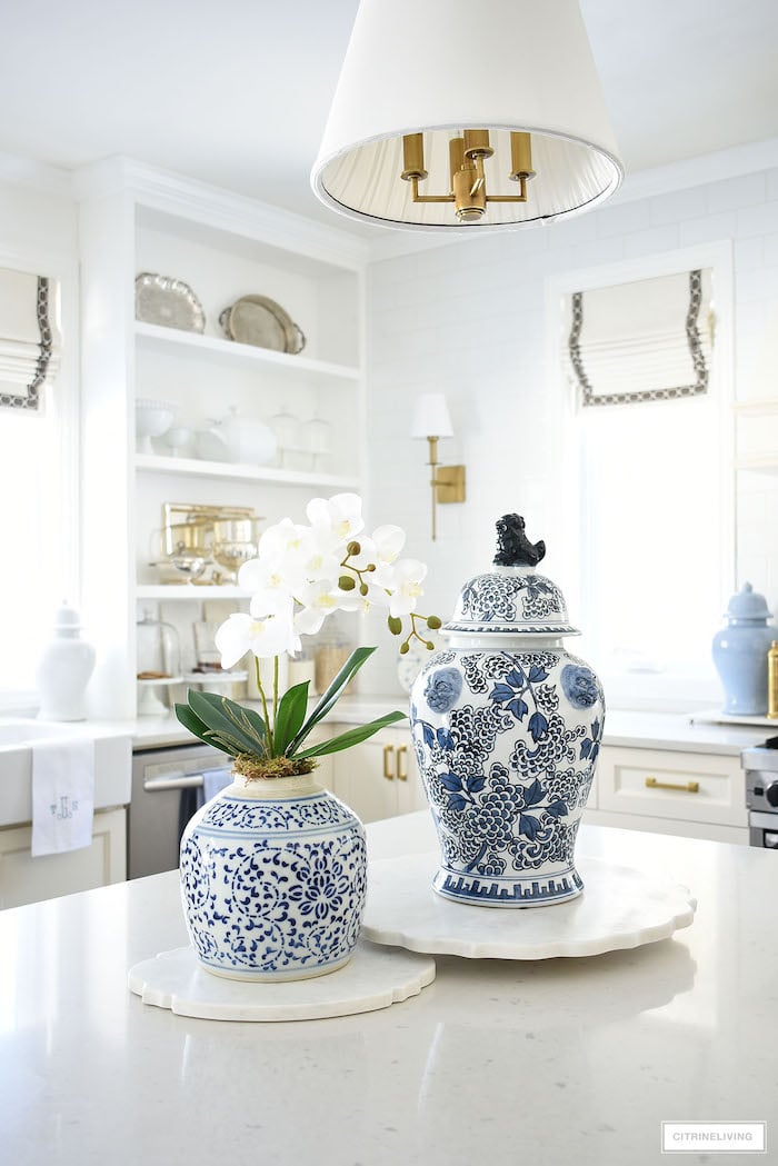 ginger jar centerpieces in kitchen