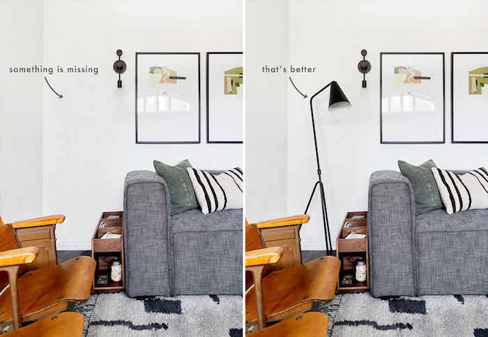modern floor lamp next to a gray sofa in a white living room.