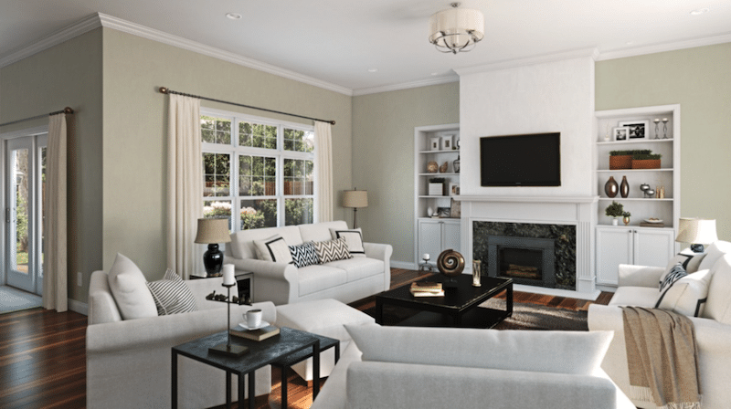 living room with Sherwin Williams Liveable Green walls.