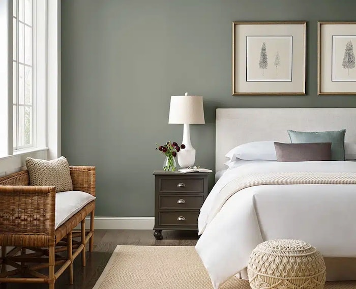 Sherwin Williams Evergreen Fog walls in bedroom.