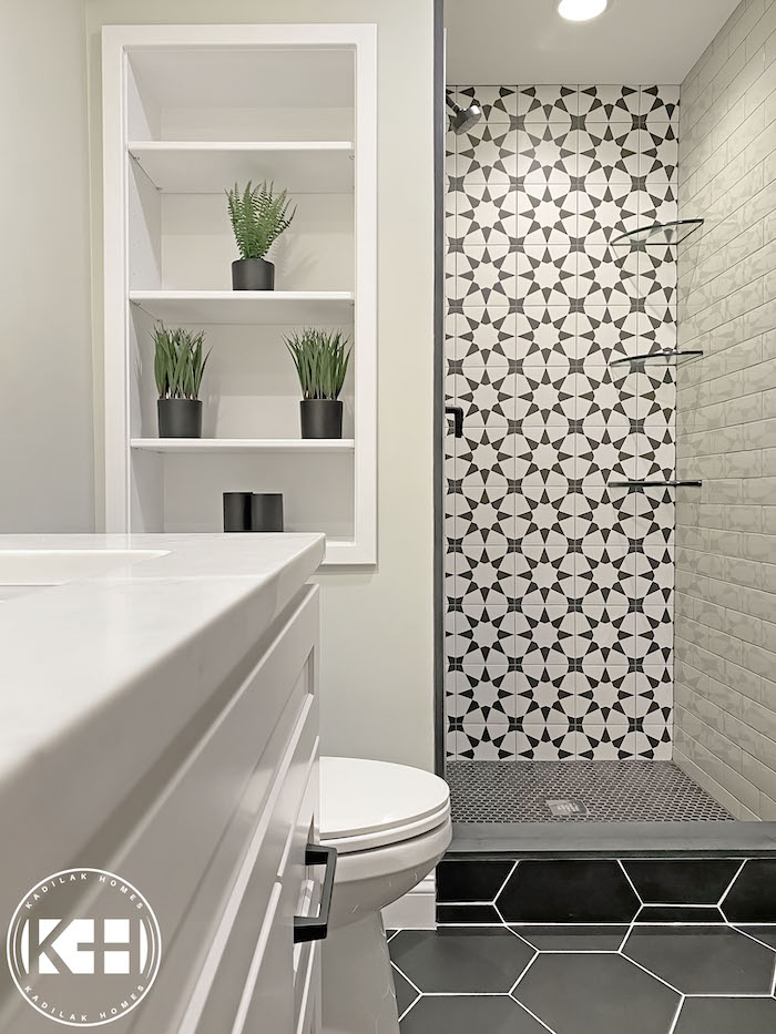 Benjamin Moore Silver Sage walls in a modern bathroom.