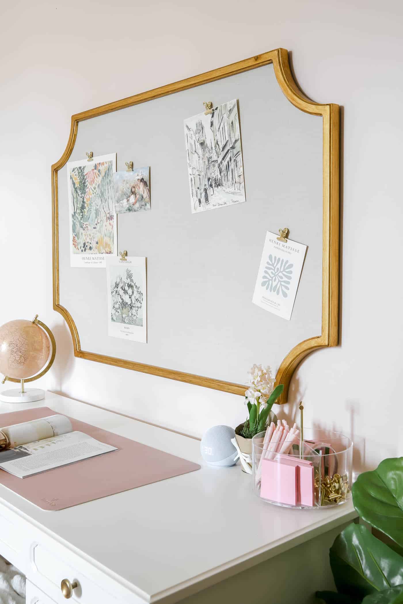 Teen girl study station in a girls bedroom with smart technology like Amazon echo dot.