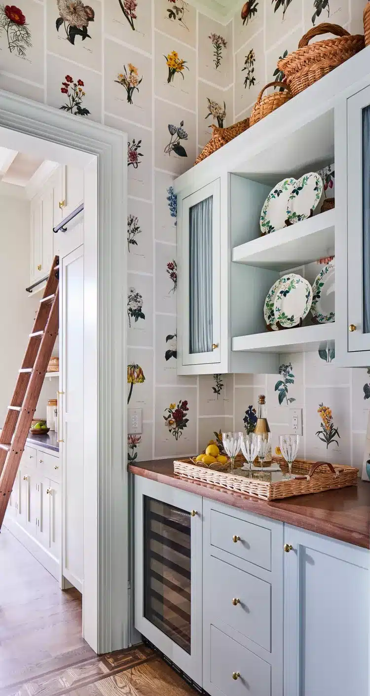 small butler's pantry with wood countertops, botanical wallpaper and blue cabinets.