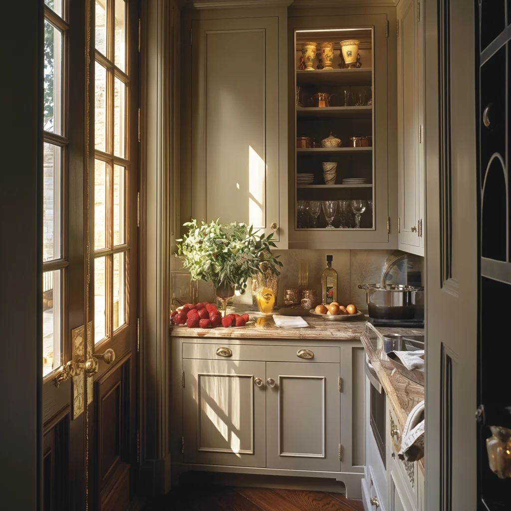 Muted green butler's pantry with wood french doors, dark stone countertops and a prep sink.