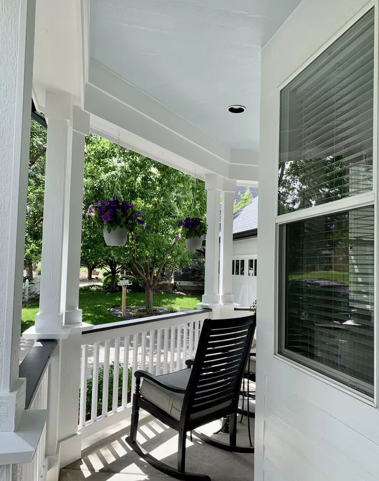 Sherwin Williams Tradewind paint on the porch ceiling.