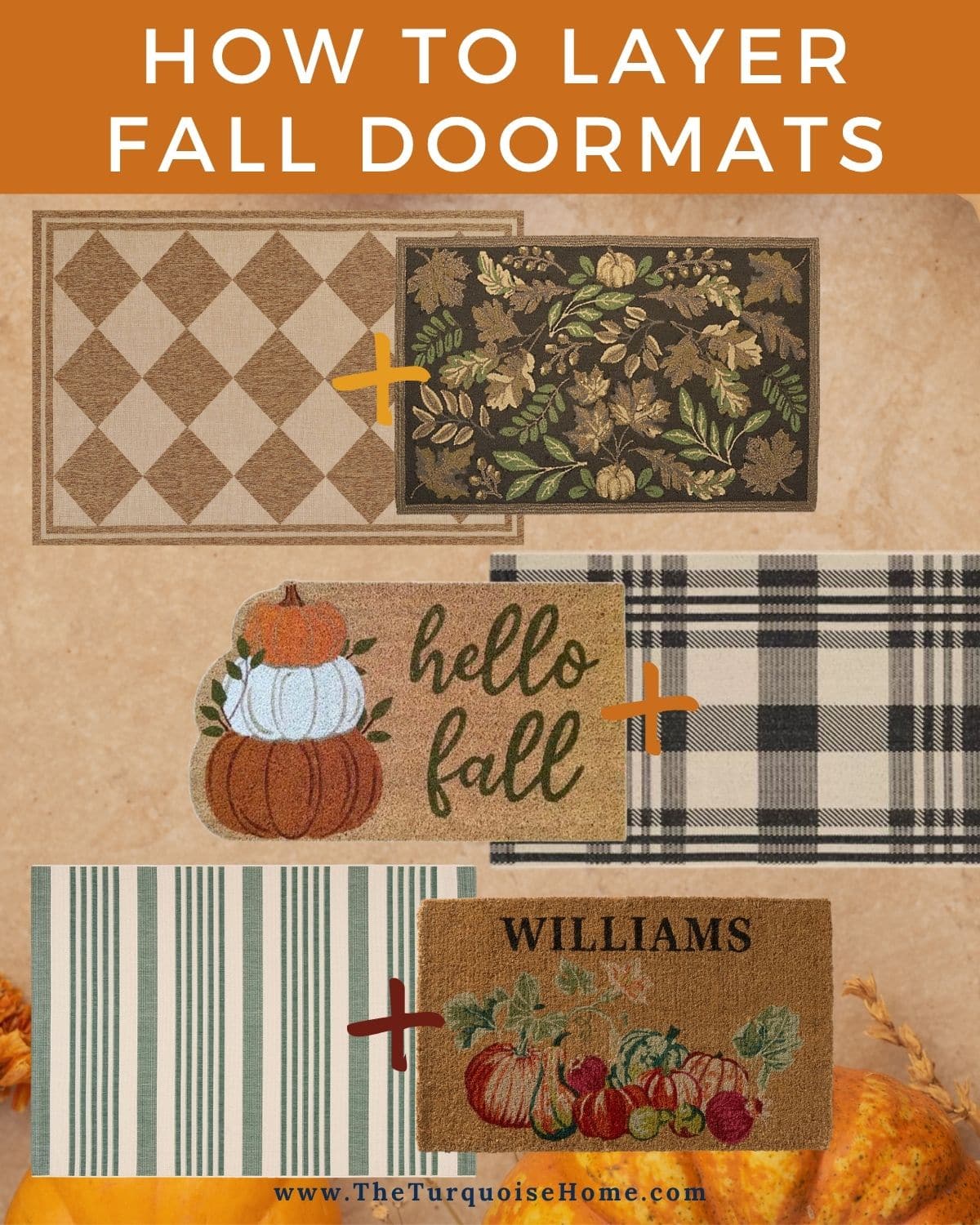 Fall outdoor doormat layered over a plaid porch rug