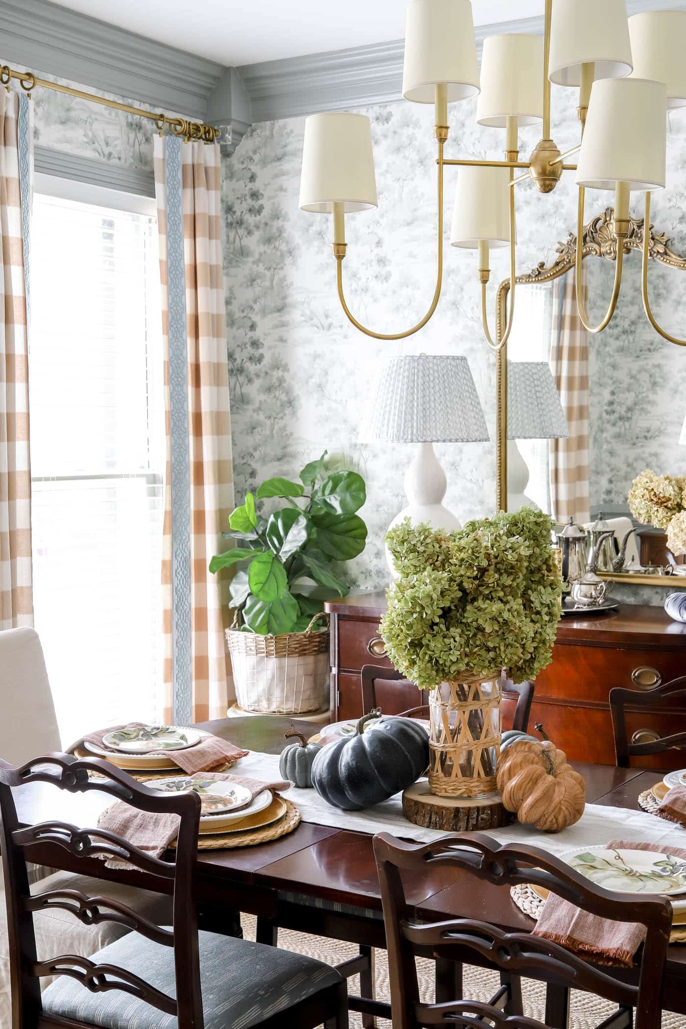 fall dining room table with dried hydrangeas