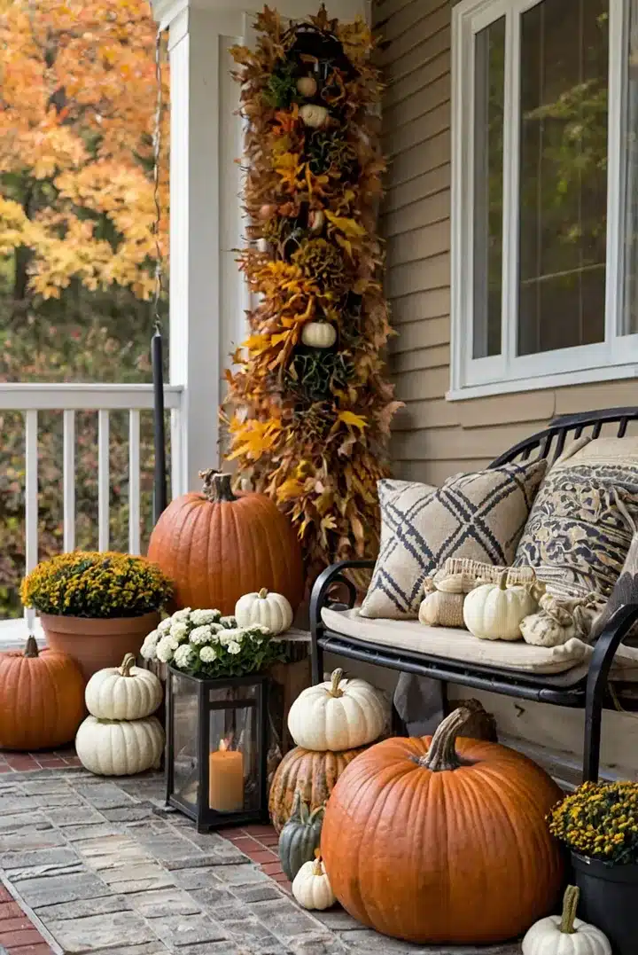front porch with bench and pumpkins, lanterns and mums.