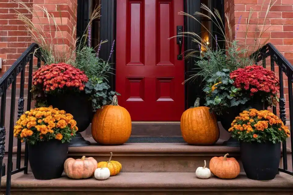 classic autumn colors on a fall porch with mums and pumpkins