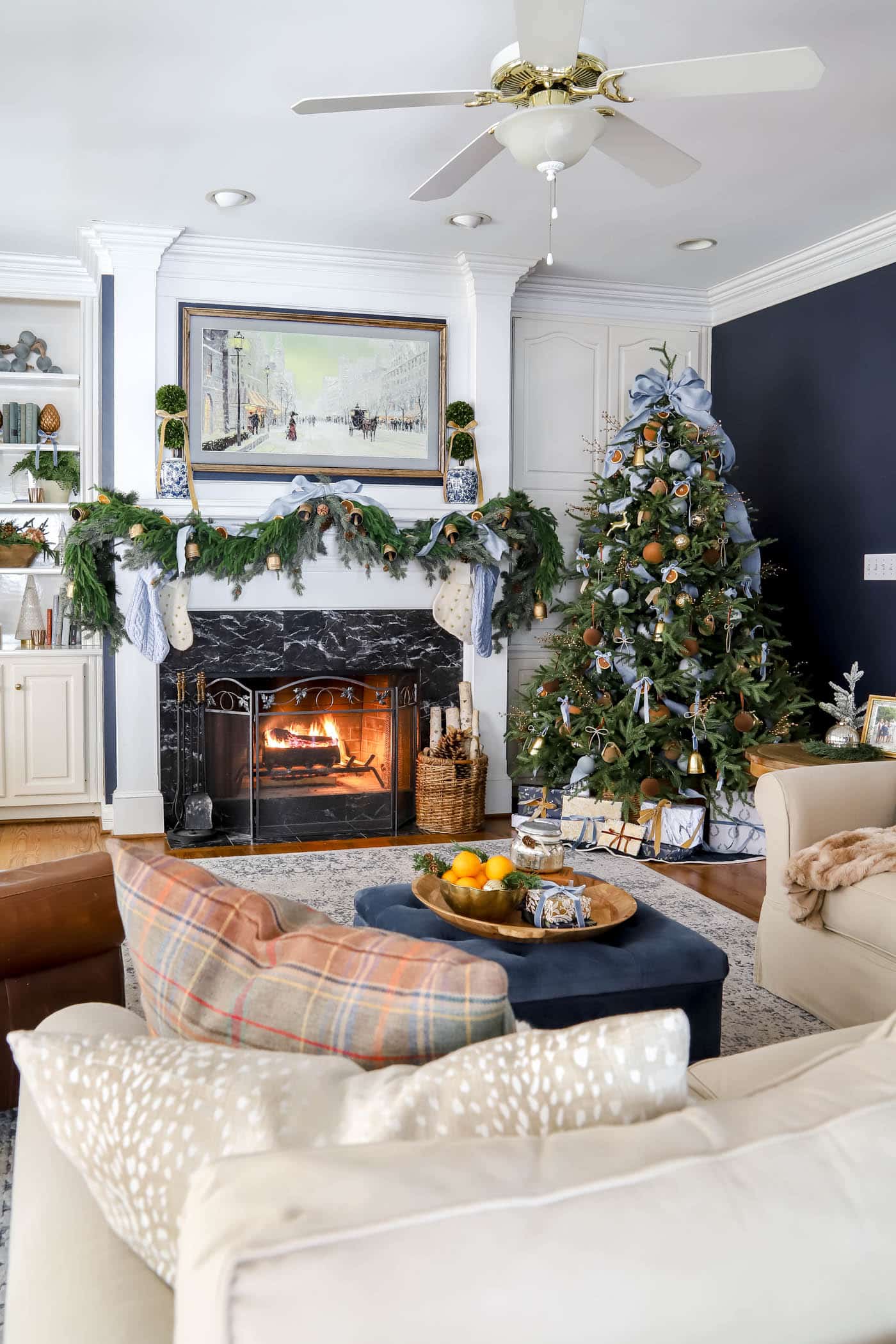 cozy brown, blue and orange Christmas color theme