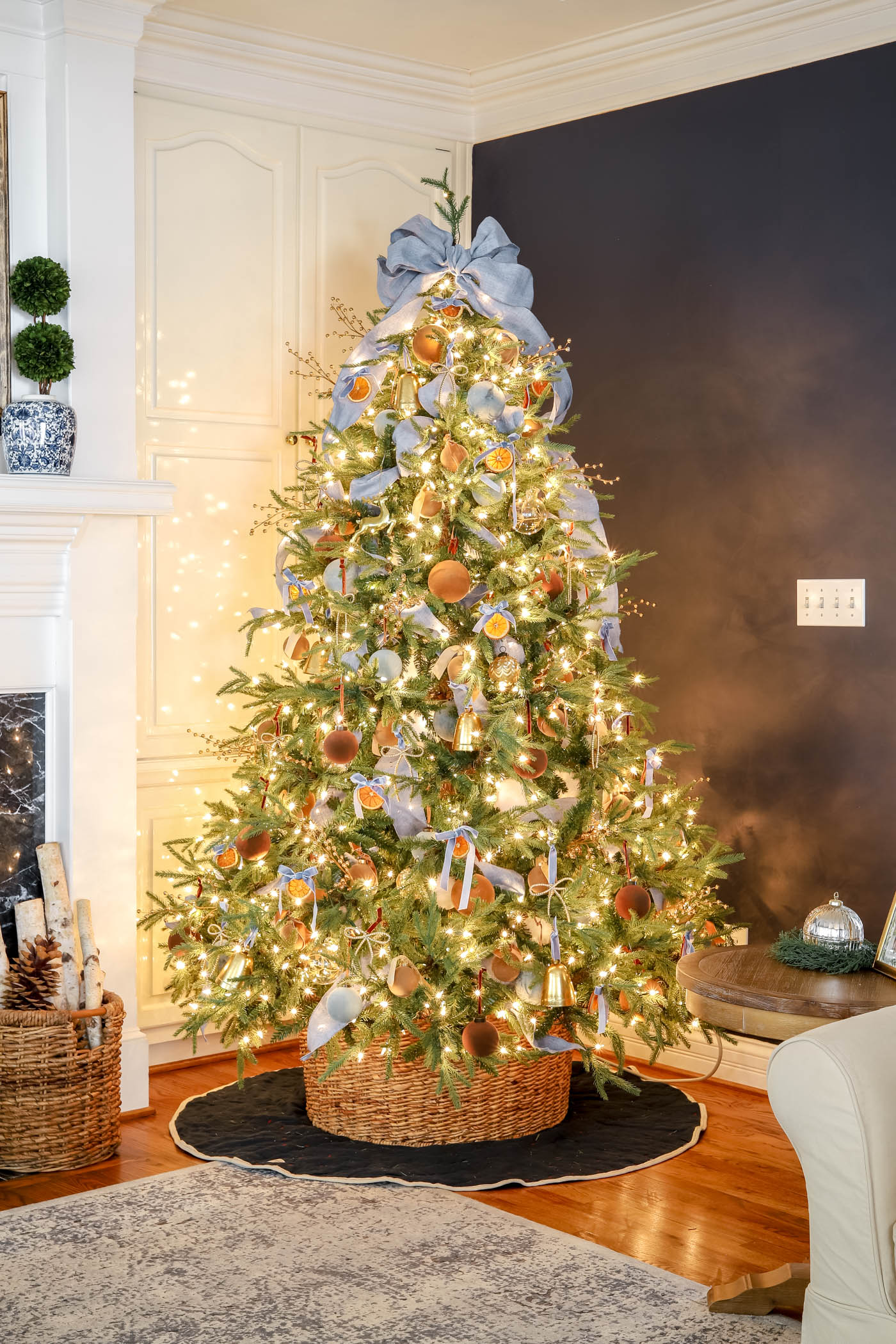 blue, brown and orange Christmas tree.