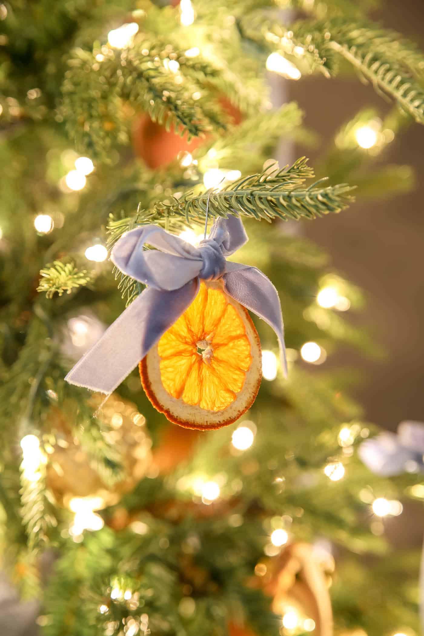 dried orange slice ornament with bow.