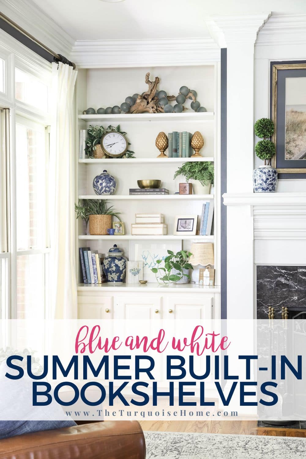 blue and white summer built-in bookshelves