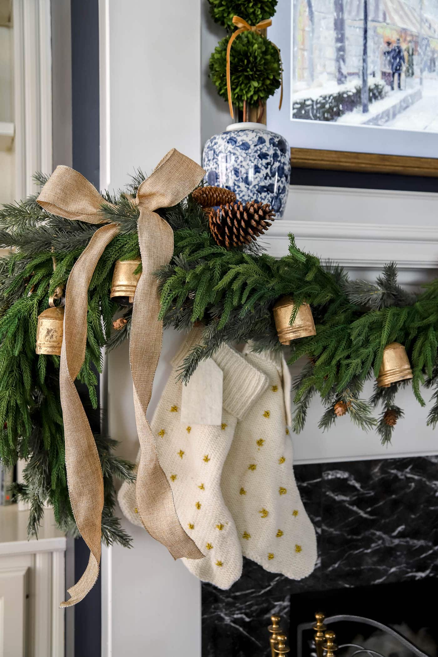 neutral bow with christmas decor