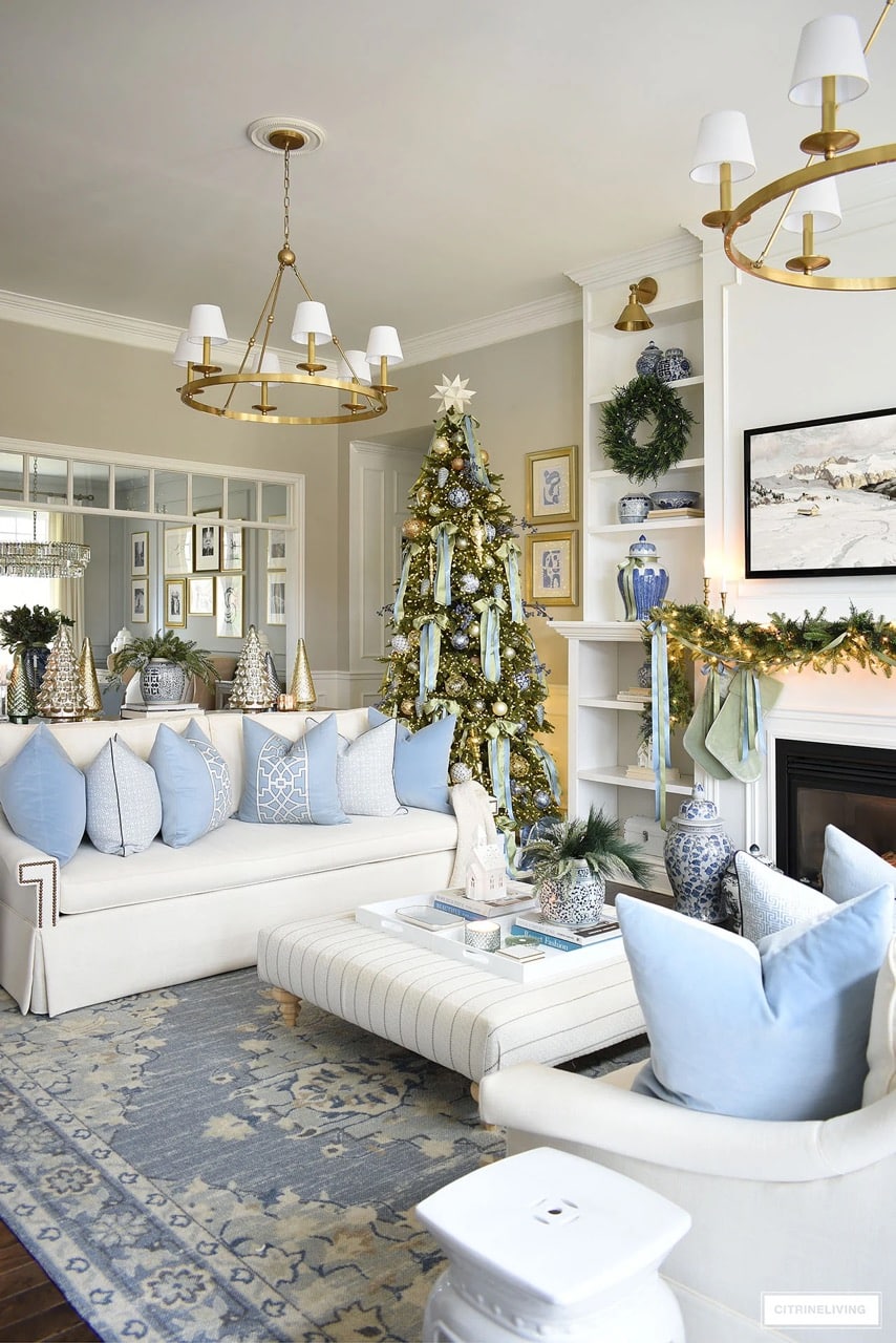 blue and green christmas living room decor.