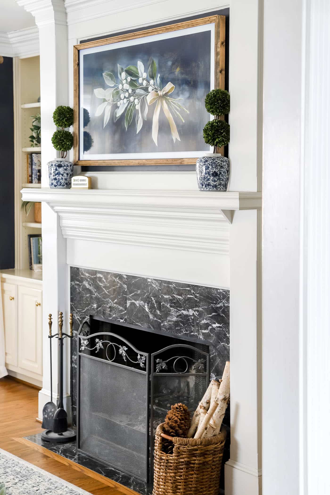 after Christmas winter living room mantel decor