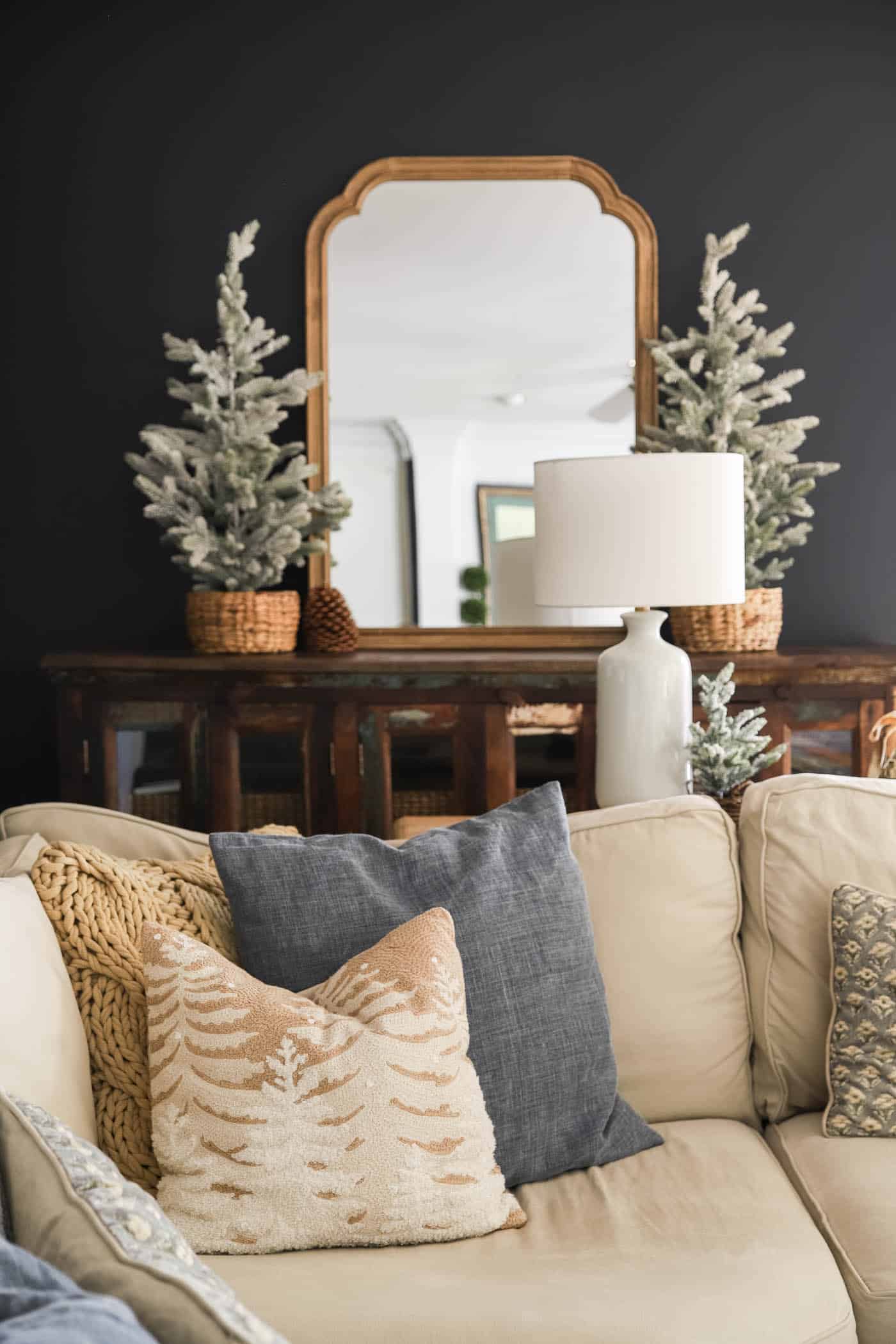 winter throw pillows on the sofa