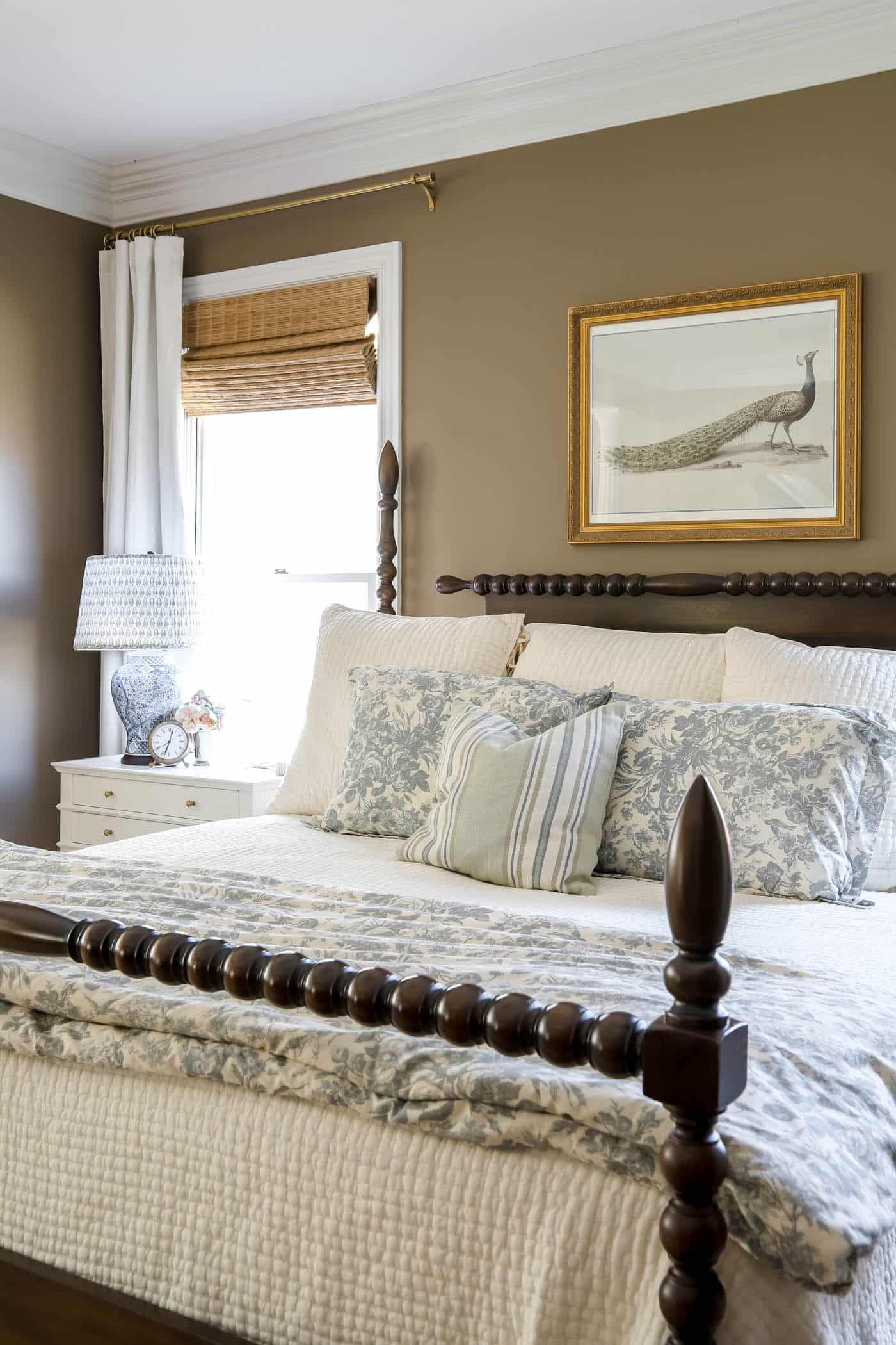 toile bedding on bed for spring decor!
