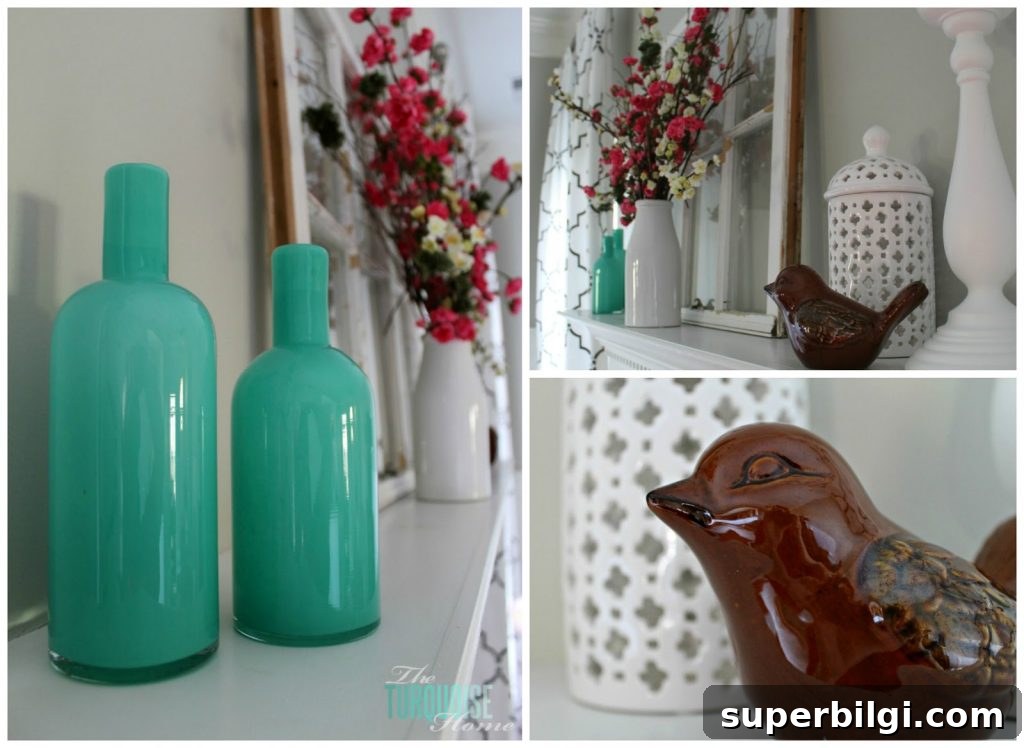 Living Room Makeover Part 4: Styling Blue Accents 5 Blue vases and brown bird figurine on mantel