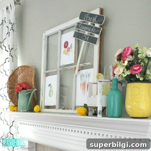 Garden and Lemonade Stand Summer Mantel Ideas 3 I love these fresh pops of colors and citrus inspiration on this fun summer mantel! A Garden and Lemonade Stand Summer Mantel. Get all the juicy details at TheTurquoiseHome.com