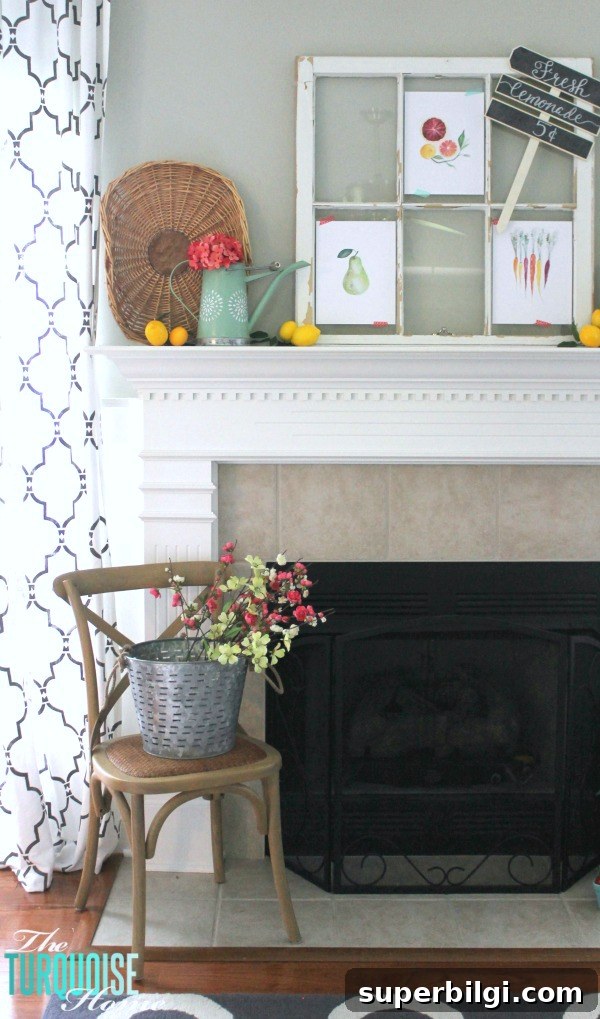 Garden and Lemonade Stand Summer Mantel Ideas 6 I love these fresh pops of colors and citrus inspiration on this fun summer mantel! A Garden and Lemonade Stand Summer Mantel. Get all the juicy details at TheTurquoiseHome.com