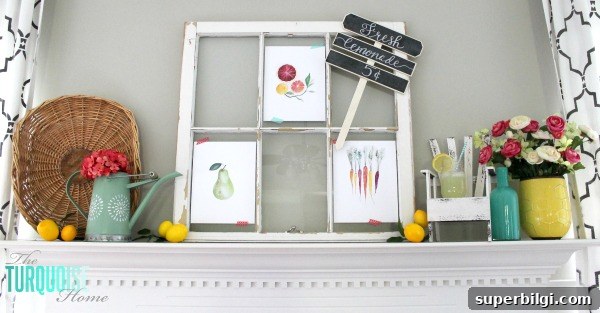 Garden and Lemonade Stand Summer Mantel Ideas 9 I love these fresh pops of colors and citrus inspiration on this fun summer mantel! A Garden and Lemonade Stand Summer Mantel. Get all the juicy details at TheTurquoiseHome.com