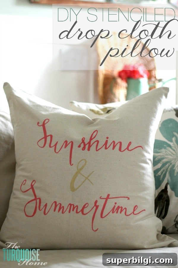 How to Make a Stenciled Drop Cloth Throw Pillow 2 Sunshine and Summertime! It's a pretty, DIY stenciled drop-cloth pillow tutorial. I love the pretty pink and gold pops of color and the fun hand-lettered stencil!