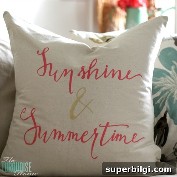 How to Make a Stenciled Drop Cloth Throw Pillow 8 Finished Sunshine and Summertime drop cloth pillow