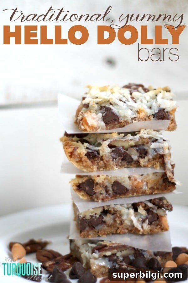 Classic Hello Dolly Magic Bars Recipe 2 This quick and easy dessert is the traditional and yummy Hello Dolly Bar, but can also be called a Magic Bar or a 7 Layer Bar. Whatever you call it, the soft, delicious graham cracker crust, rich chocolate and crunchy coconut drizzled with sweetened condensed milk is so scrumptious that you'll be making them for every pool party this summer. | Recipe via TheTurquoiseHome.com