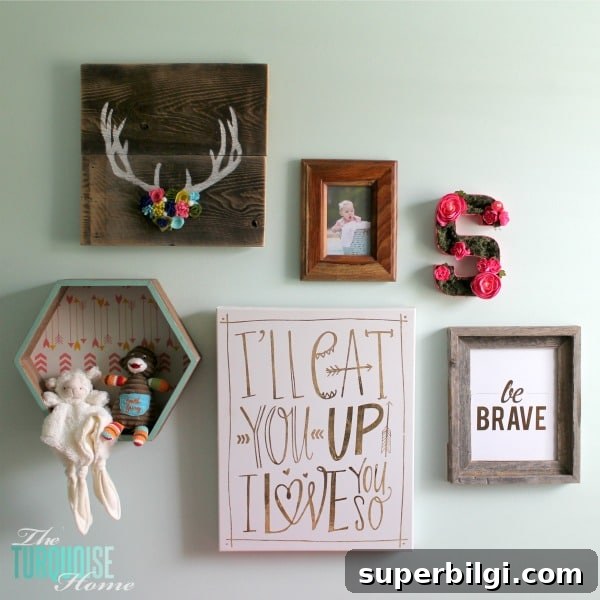 Woodland Nursery Gallery Wall Ideas for Baby Girls 7 Such a sweet, girly gallery wall in a woodland nursery. All of the details at TheTurquoiseHome.com