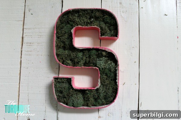 DIY Floral and Moss Letter Art for Wall Decor 5 Moss glued into place inside the letter