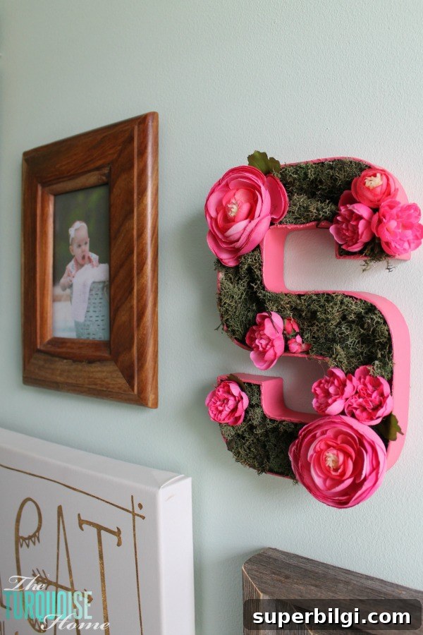 DIY Floral and Moss Letter Art for Wall Decor 7 Final close-up of the floral and moss initial art