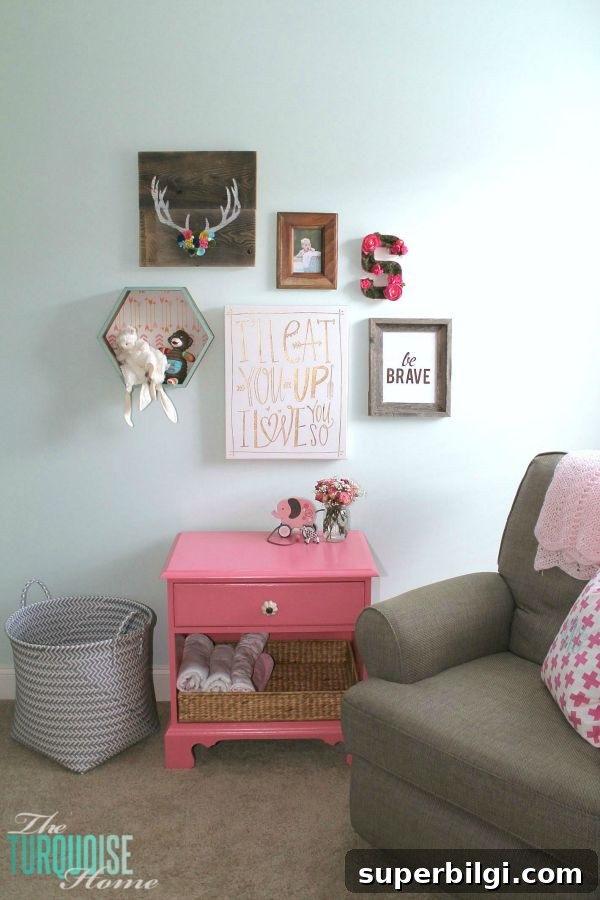 Baby Girl Woodland Nursery Reveal: Complete Tour 15 All of the pretty pink and turquoise touches with a woodland theme make a sweet retreat for any little girl. | Baby Girl's Woodland Nursery | All the details at TheTurquoiseHome.com