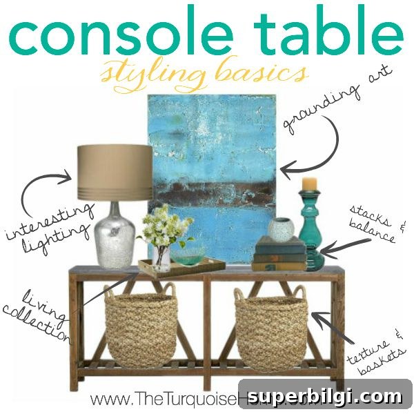 Console Table Styling Ideas for Entryway Decor 2 If you know the basics to styling a console table or any vignette, you're house will be looking like it's straight out of a magazine in no time! | Details at TheTurquoiseHome.com
