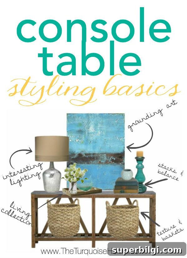 Console Table Styling Ideas for Entryway Decor 5 If you know the basics to styling a console table or any vignette, you're house will be looking like it's straight out of a magazine in no time! | Details at TheTurquoiseHome.com